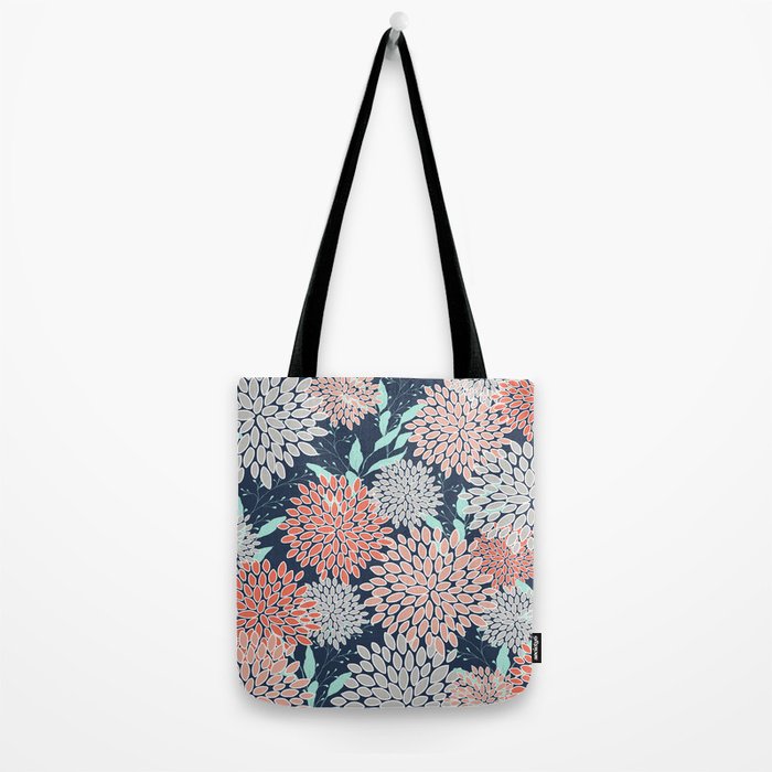 Leaves and Floral Prints, Navy Blue, Aqua, Gray and Coral Tote Bag Gallery Image 2