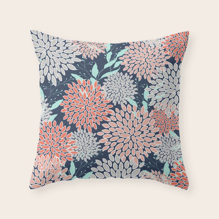 Leaves and Floral Prints, Navy Blue, Aqua, Gray and Coral Throw Pillow Gallery Image 1