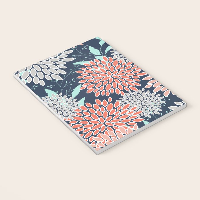 Leaves and Floral Prints, Navy Blue, Aqua, Gray and Coral Notebook Gallery Image 3