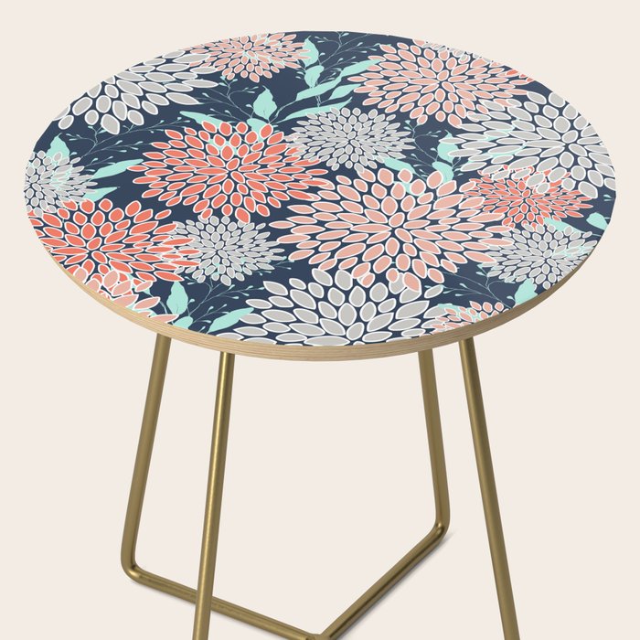 Leaves and Floral Prints, Navy Blue, Aqua, Gray and Coral Side Table Gallery Image 2