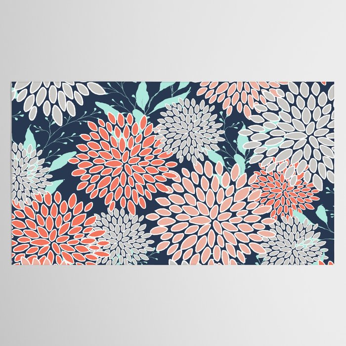 Leaves and Floral Prints, Navy Blue, Aqua, Gray and Coral Tablecloth Gallery Image 2