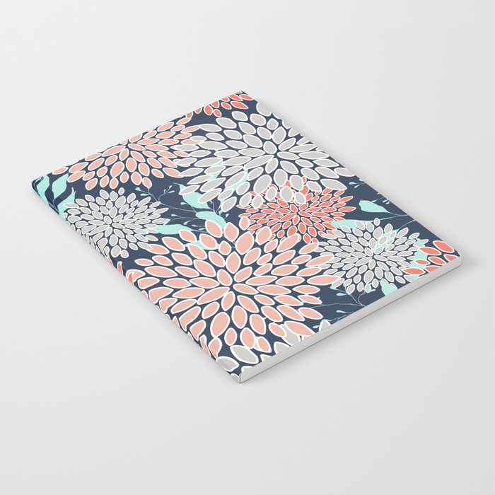 Leaves and Floral Prints, Navy Blue, Aqua, Gray and Coral Notebook Gallery Image 2