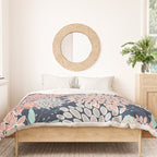 Leaves and Floral Prints, Navy Blue, Aqua, Gray and Coral Duvet Cover Gallery Image 3