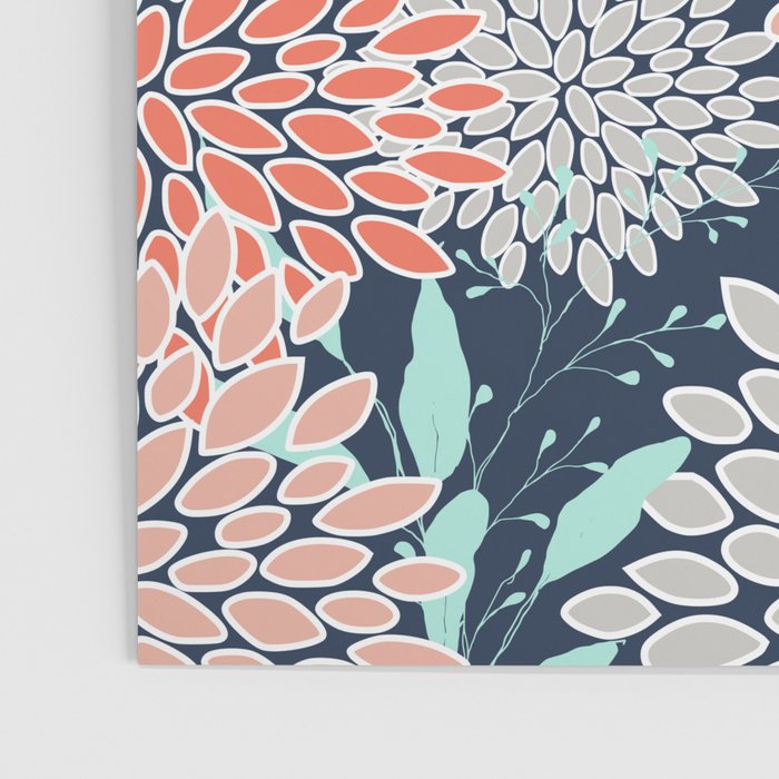Leaves and Floral Prints, Navy Blue, Aqua, Gray and Coral Poster Gallery Image 3