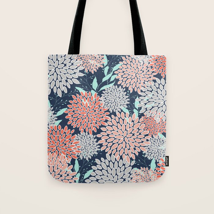 Leaves and Floral Prints, Navy Blue, Aqua, Gray and Coral Tote Bag Gallery Image 1