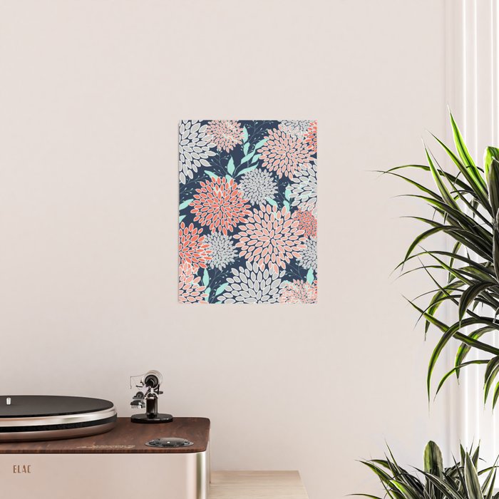 Leaves and Floral Prints, Navy Blue, Aqua, Gray and Coral Poster Gallery Image 2