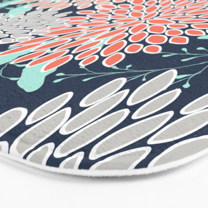 Leaves and Floral Prints, Navy Blue, Aqua, Gray and Coral Bath Mat Gallery Image 3