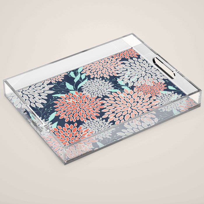 Leaves and Floral Prints, Navy Blue, Aqua, Gray and Coral Acrylic Tray Gallery Image 1