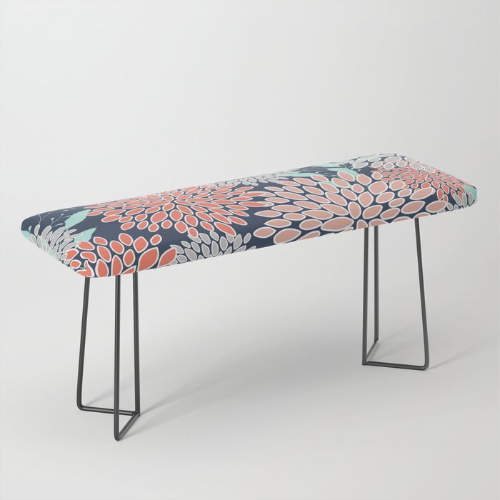 Leaves and Floral Prints, Navy Blue, Aqua, Gray and Coral Bench Gallery Image 1