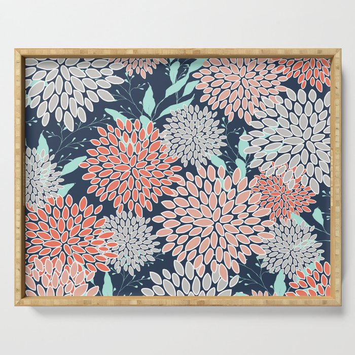 Leaves and Floral Prints, Navy Blue, Aqua, Gray and Coral Serving Tray Gallery Image 1