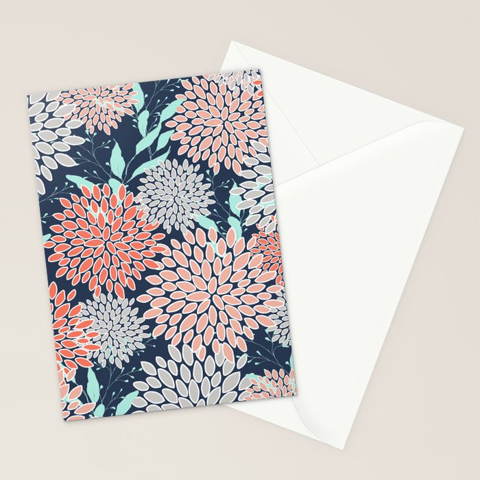 Leaves and Floral Prints, Navy Blue, Aqua, Gray and Coral Stationery Card Gallery Image 2