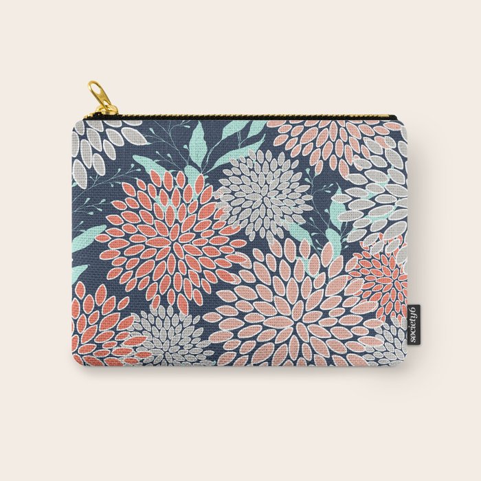 Leaves and Floral Prints, Navy Blue, Aqua, Gray and Coral Carry All Pouch Gallery Image 1