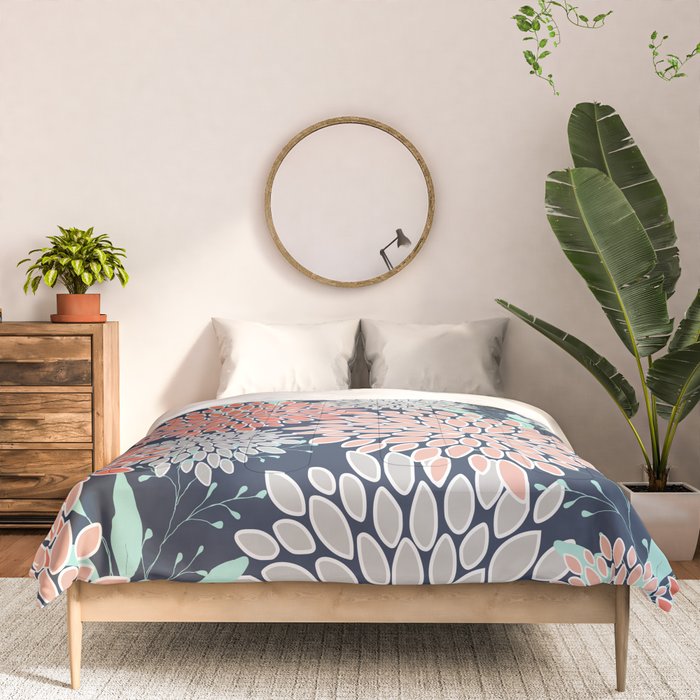 Leaves and Floral Prints, Navy Blue, Aqua, Gray and Coral Comforter Gallery Image 3