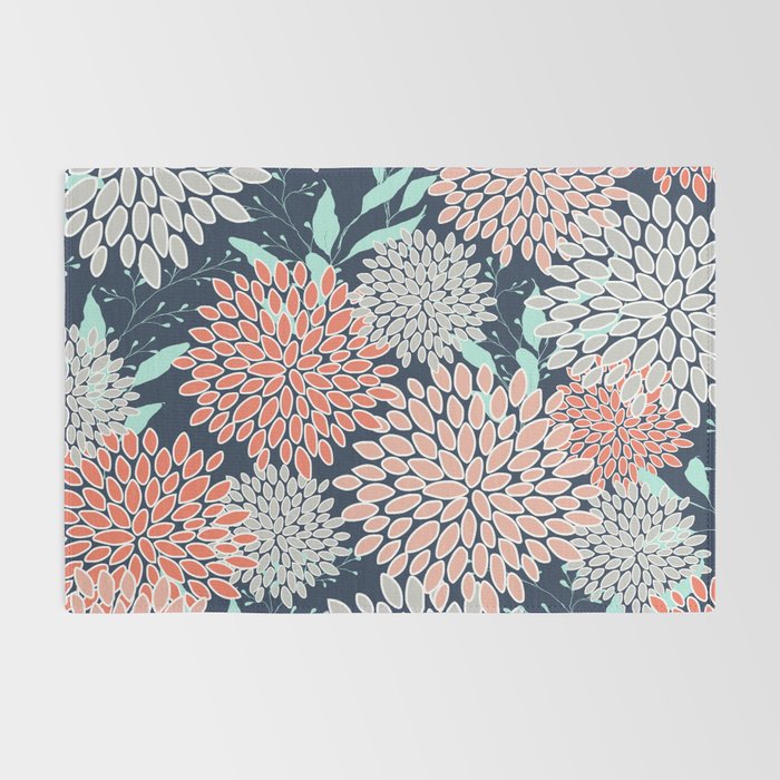 Leaves and Floral Prints, Navy Blue, Aqua, Gray and Coral Rug Gallery Image 2