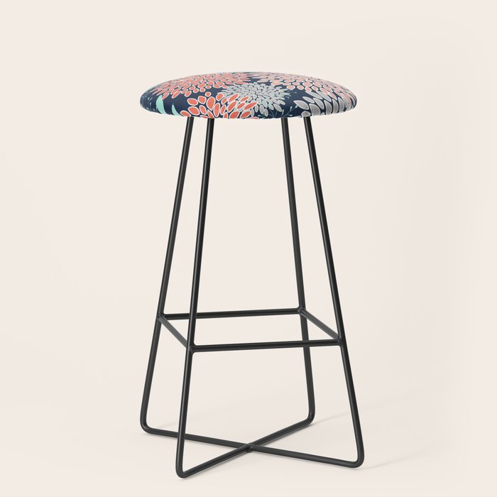 Leaves and Floral Prints, Navy Blue, Aqua, Gray and Coral Stool Gallery Image 1