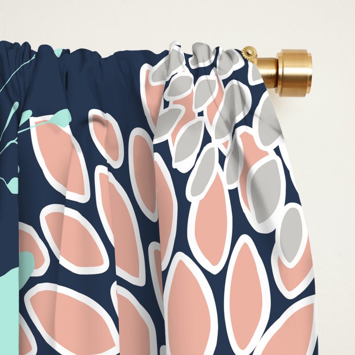 Leaves and Floral Prints, Navy Blue, Aqua, Gray and Coral Window Curtain Gallery Image 2