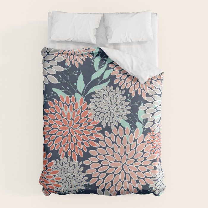 Leaves and Floral Prints, Navy Blue, Aqua, Gray and Coral Duvet Cover Gallery Image 6
