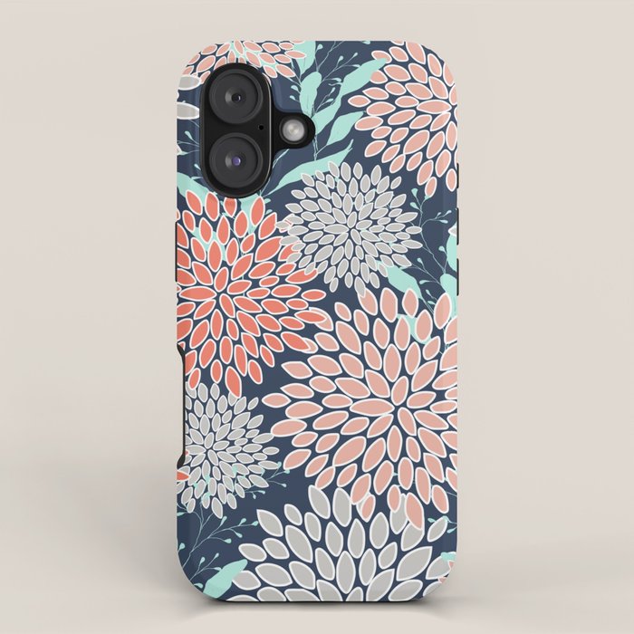 Leaves and Floral Prints, Navy Blue, Aqua, Gray and Coral iPhone Case Gallery Image 1