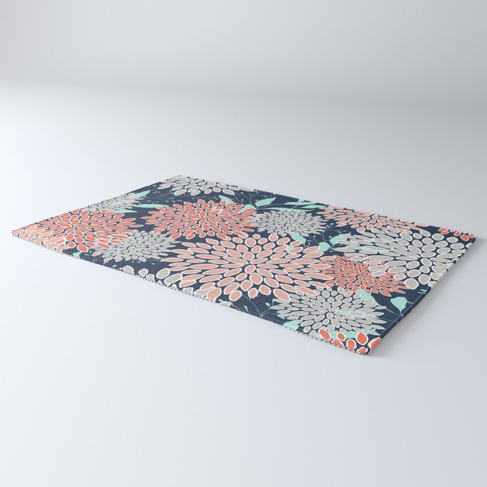 Leaves and Floral Prints, Navy Blue, Aqua, Gray and Coral Rug Gallery Image 3