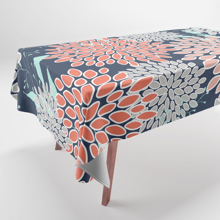 Leaves and Floral Prints, Navy Blue, Aqua, Gray and Coral Tablecloth Gallery Image 1