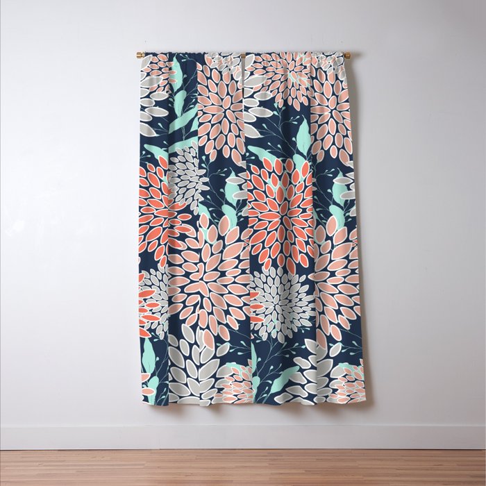 Leaves and Floral Prints, Navy Blue, Aqua, Gray and Coral Window Curtain Gallery Image 3