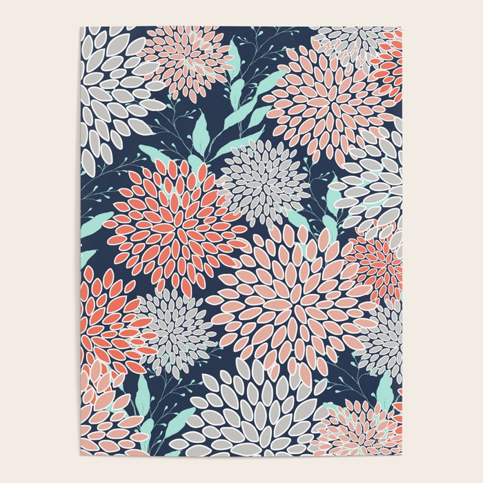 Leaves and Floral Prints, Navy Blue, Aqua, Gray and Coral Poster Gallery Image 1