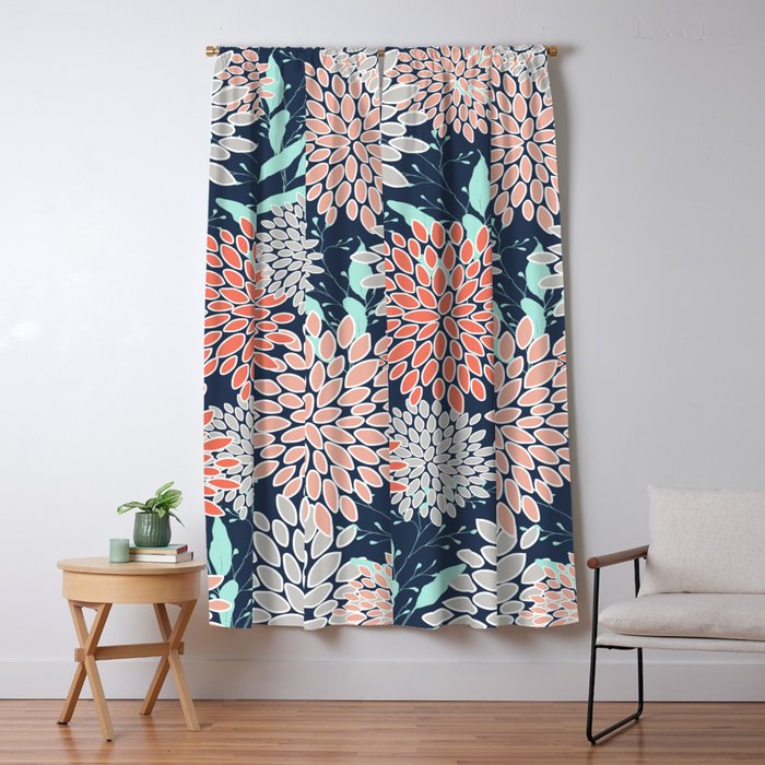 Leaves and Floral Prints, Navy Blue, Aqua, Gray and Coral Window Curtain Gallery Image 5
