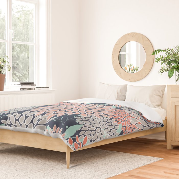 Leaves and Floral Prints, Navy Blue, Aqua, Gray and Coral Duvet Cover Gallery Image 2