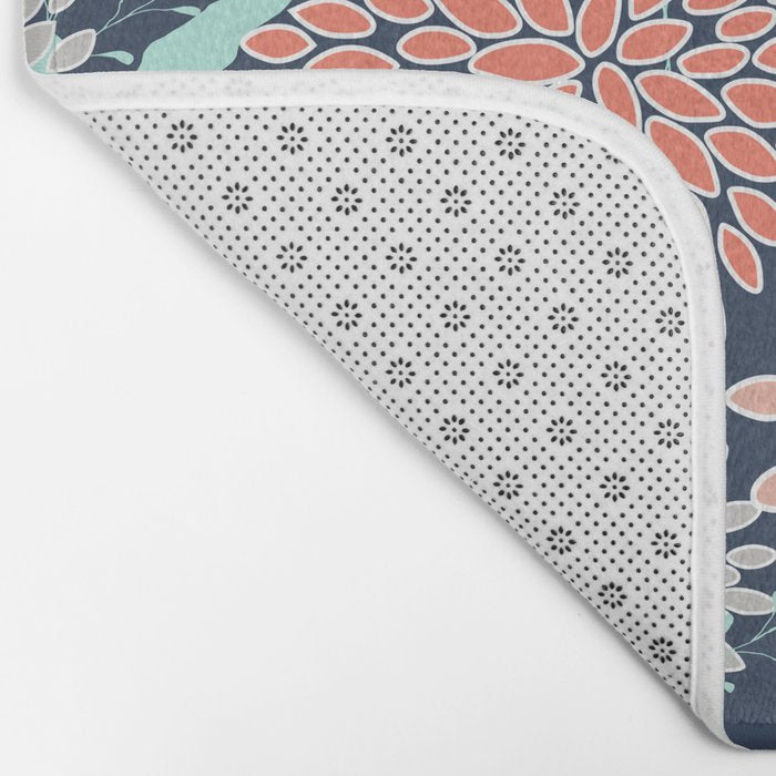 Leaves and Floral Prints, Navy Blue, Aqua, Gray and Coral Bath Mat Gallery Image 2