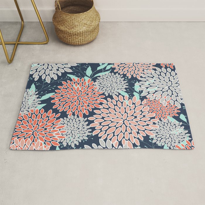 Leaves and Floral Prints, Navy Blue, Aqua, Gray and Coral Rug Gallery Image 1