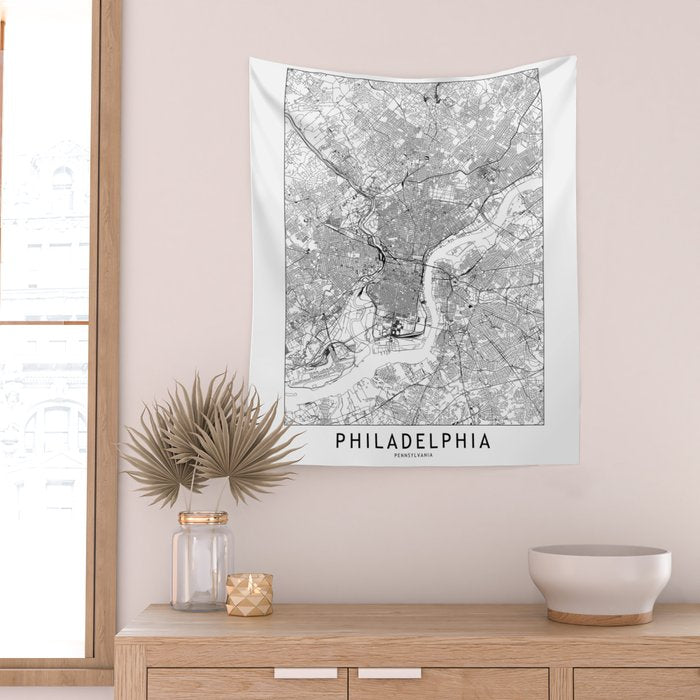 Philadelphia White Map Wall Tapestry Gallery Image 2