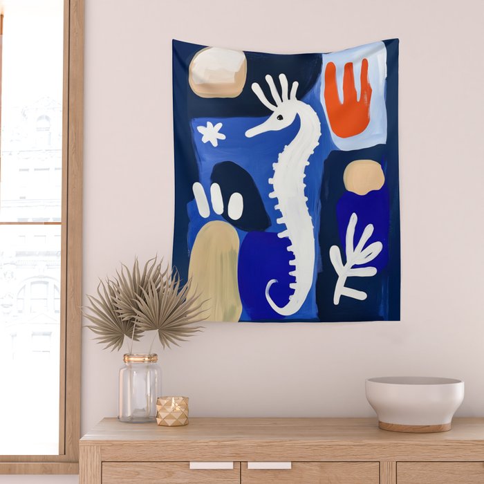 Sea Horse Abstract Ocean Coastal Blue Art Painting Wall Tapestry Gallery Image 2