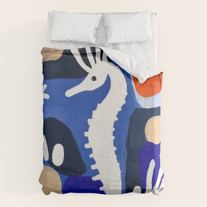 Sea Horse Abstract Ocean Coastal Blue Art Painting Duvet Cover Gallery Image 1