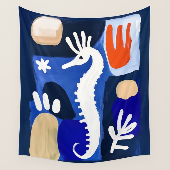 Sea Horse Abstract Ocean Coastal Blue Art Painting Wall Tapestry Gallery Image 4