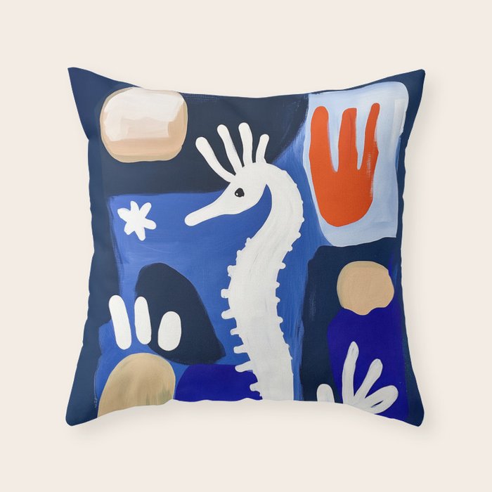 Sea Horse Abstract Ocean Coastal Blue Art Painting Throw Pillow Gallery Image 6