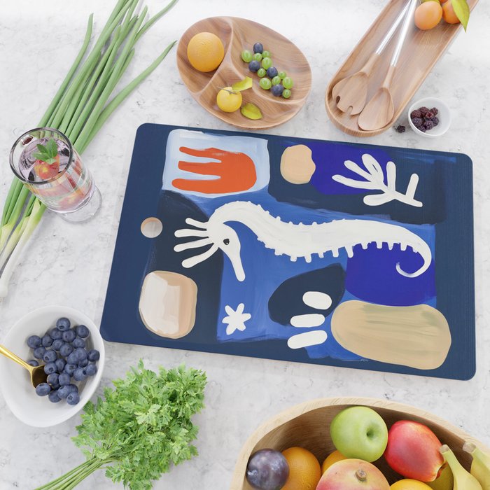 Sea Horse Abstract Ocean Coastal Blue Art Painting Cutting Board Gallery Image 2