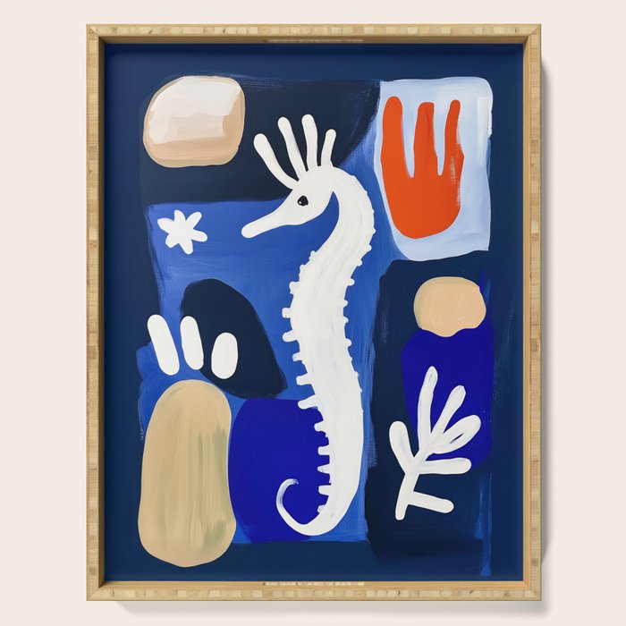 Sea Horse Abstract Ocean Coastal Blue Art Painting Serving Tray Gallery Image 1