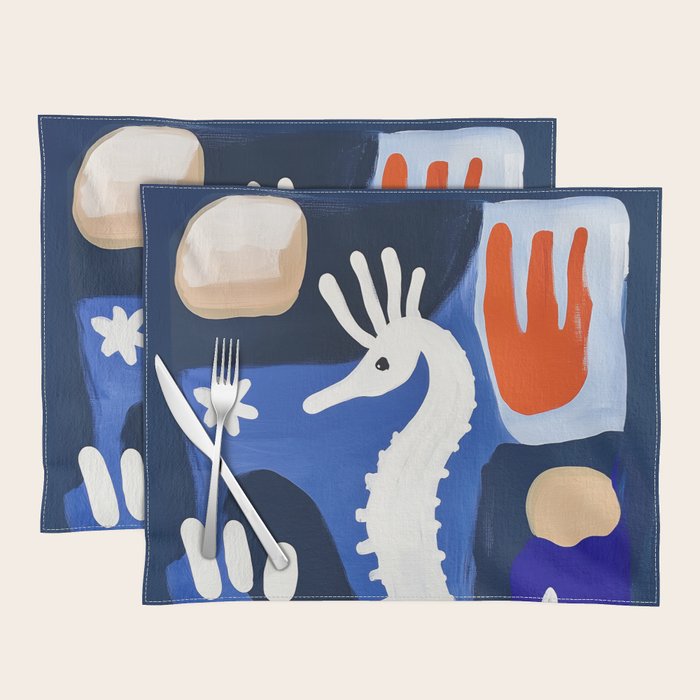 Sea Horse Abstract Ocean Coastal Blue Art Painting Placemat Gallery Image 1