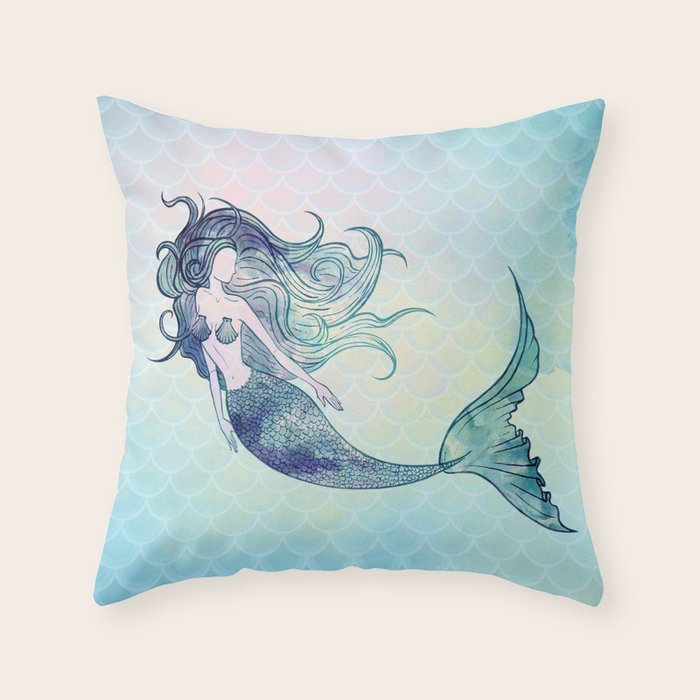 Watercolor Mermaid Throw Pillow Gallery Image 1