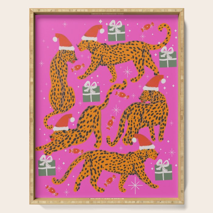 Fashionable cats with Christmas hats and gifts in fuchsia pink background  Serving Tray Gallery Image 1