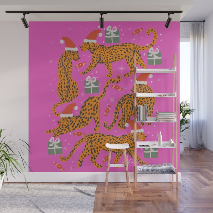 Fashionable cats with Christmas hats and gifts in fuchsia pink background  Wall Mural Gallery Image 1