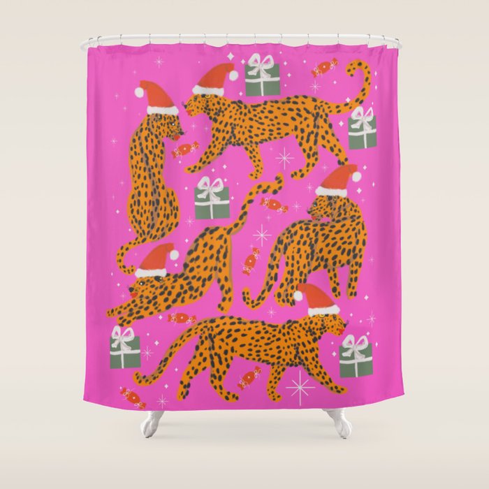 Fashionable cats with Christmas hats and gifts in fuchsia pink background  Shower Curtain Gallery Image 1