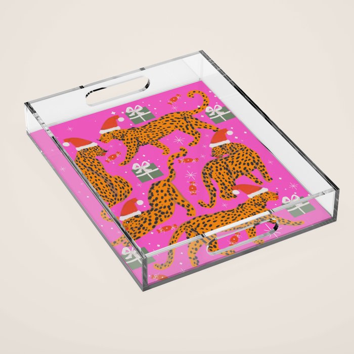 Fashionable cats with Christmas hats and gifts in fuchsia pink background  Acrylic Tray Gallery Image 1