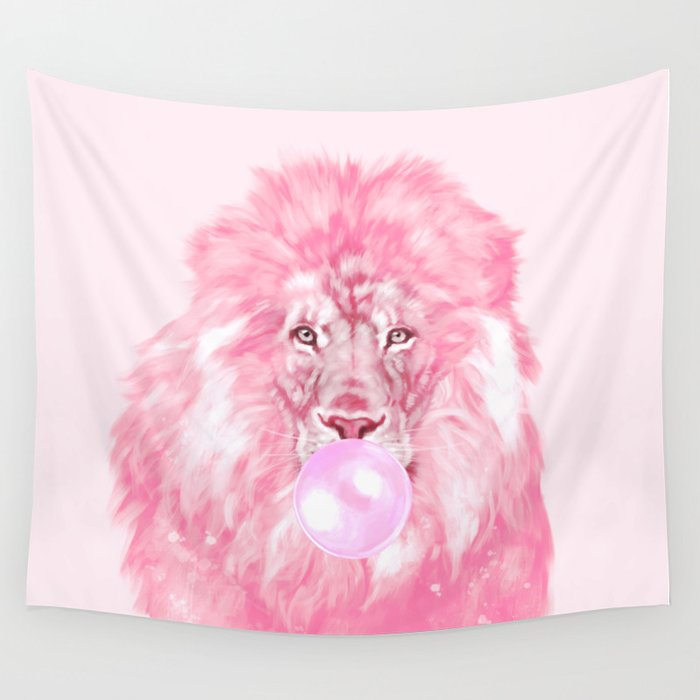 Lion Chewing Bubble Gum in Pink Wall Tapestry Gallery Image 1