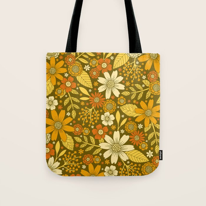 1970s Retro Flowers Pattern in Yellow, Orange & Olive Green Tote Bag Gallery Image 1