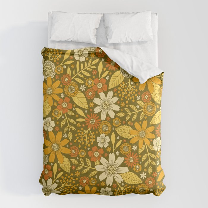 1970s Retro Flowers Pattern in Yellow, Orange & Olive Green Duvet Cover Gallery Image 6