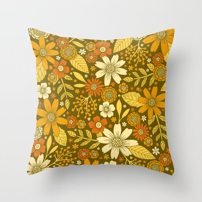 1970s Retro Flowers Pattern in Yellow, Orange & Olive Green Throw Pillow Gallery Image 1