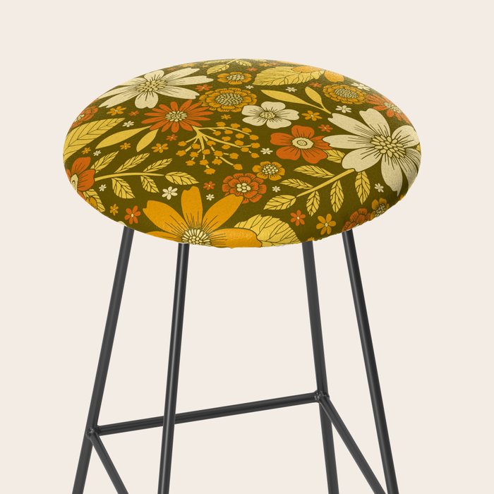 1970s Retro Flowers Pattern in Yellow, Orange & Olive Green Stool Gallery Image 2