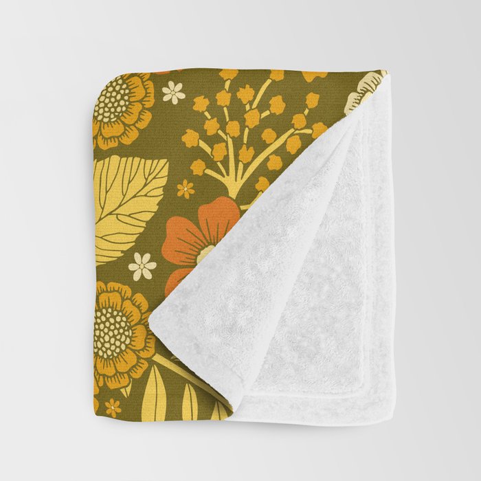 1970s Retro Flowers Pattern in Yellow, Orange & Olive Green Throw Blanket Gallery Image 3