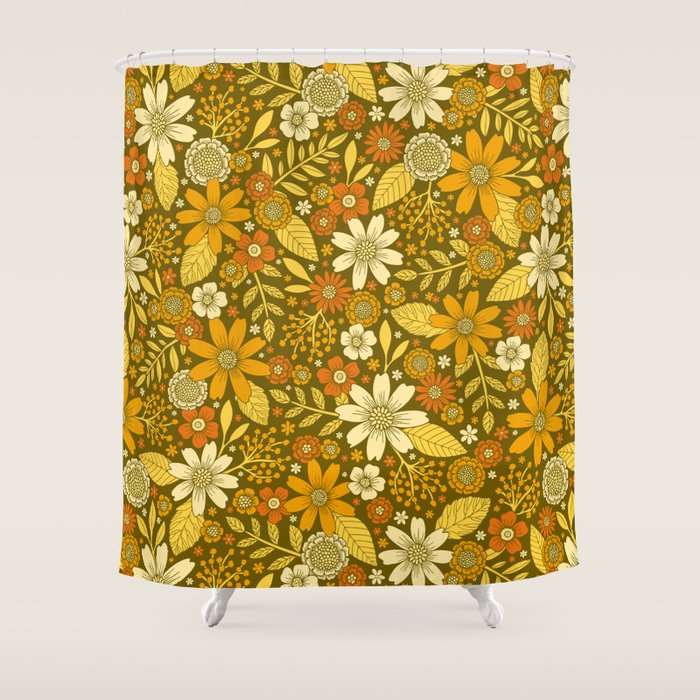 1970s Retro Flowers Pattern in Yellow, Orange & Olive Green Shower Curtain Gallery Image 1